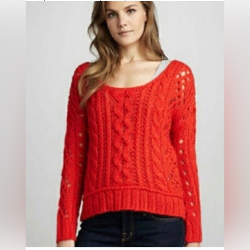 Free People Open Cable Knit orange red Chunky Pullover Sweater Médium